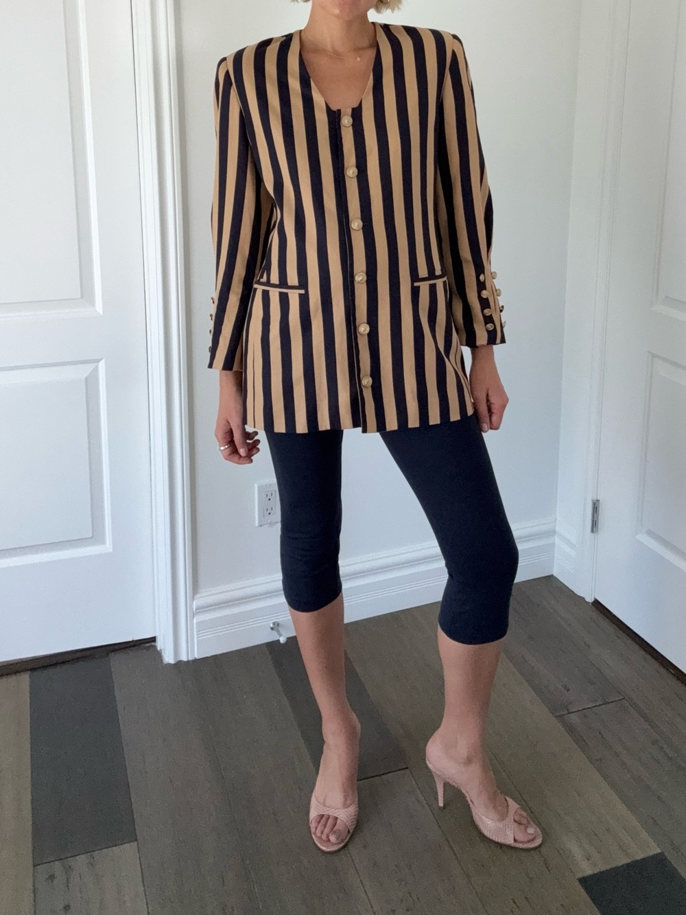Black and Tan Vertical-Stripe Blazer Jacket